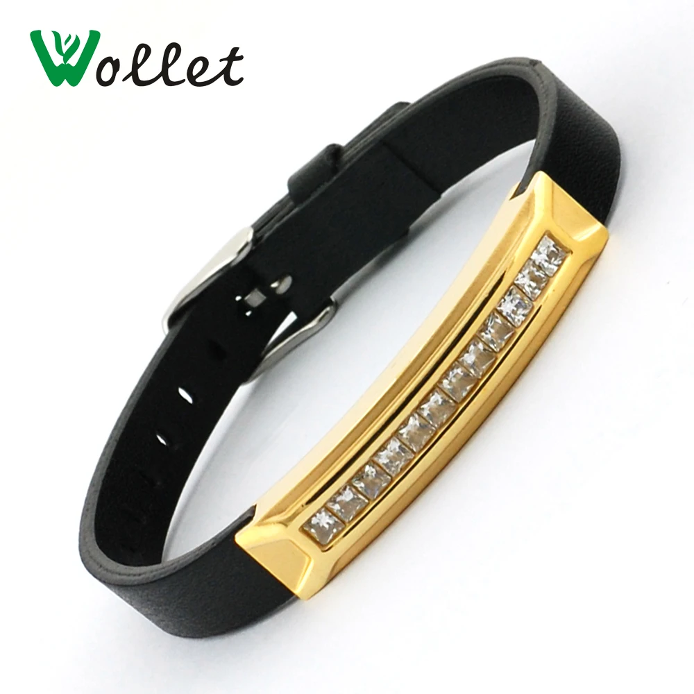 

Wollet Jewelry Leather Bracelet Gold Black Bangle for Men Women Bio Magnetic CZ Stone