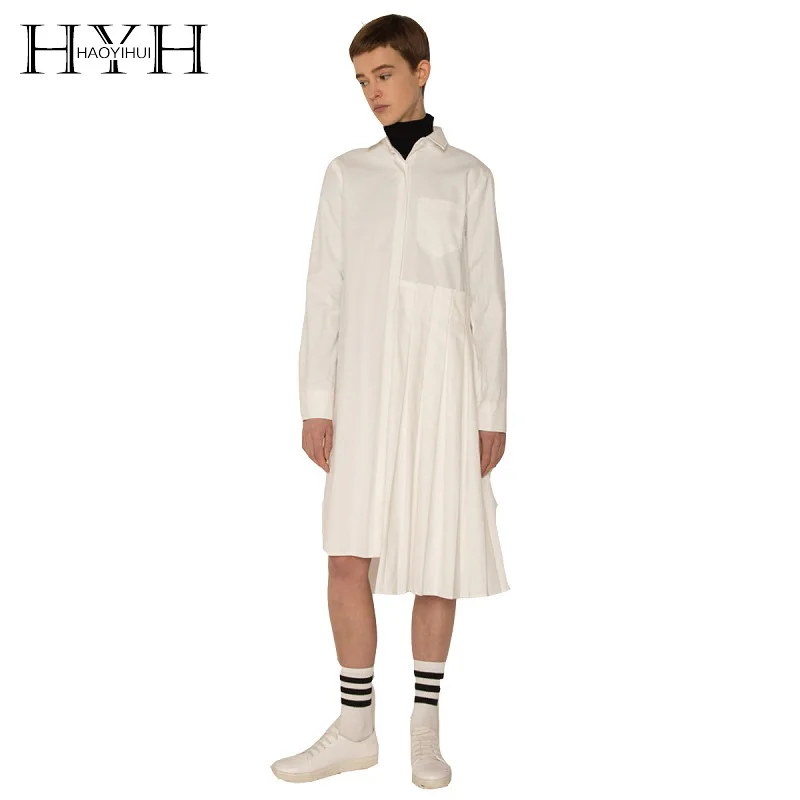 Платье рубашка HYH HAOYIHUI простое платье с ассиметричными гофрированными рукавами