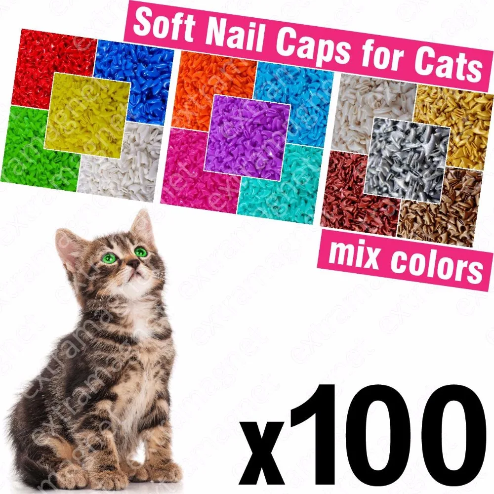 100 шт Мягкие колпачки для кошек + 5x клейкий клей аппликатор/* XS S M L чехол кошка лапа