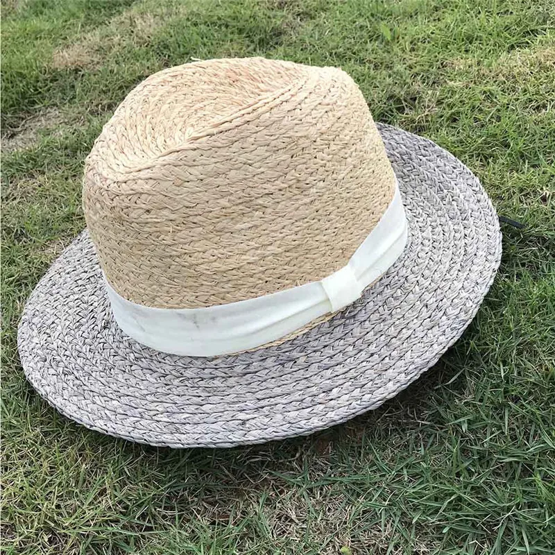 Шляпа от солнца из рафии с широкими полями женская плетеная пляжная Панама для