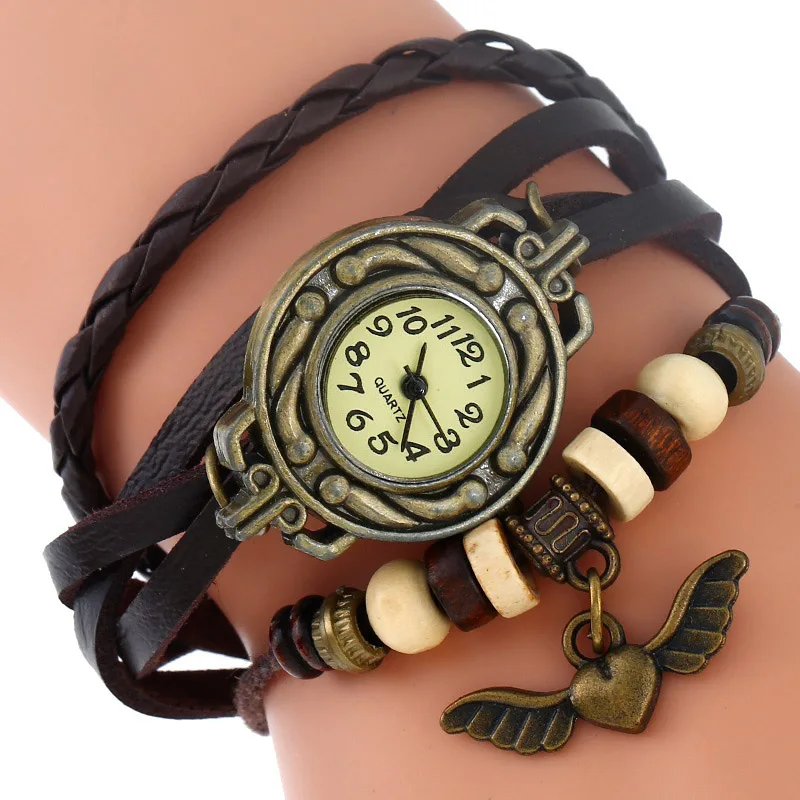 Женские кварцевые часы с кожаным ремешком крыльями и сердцем|montre fashion|montre amontre women