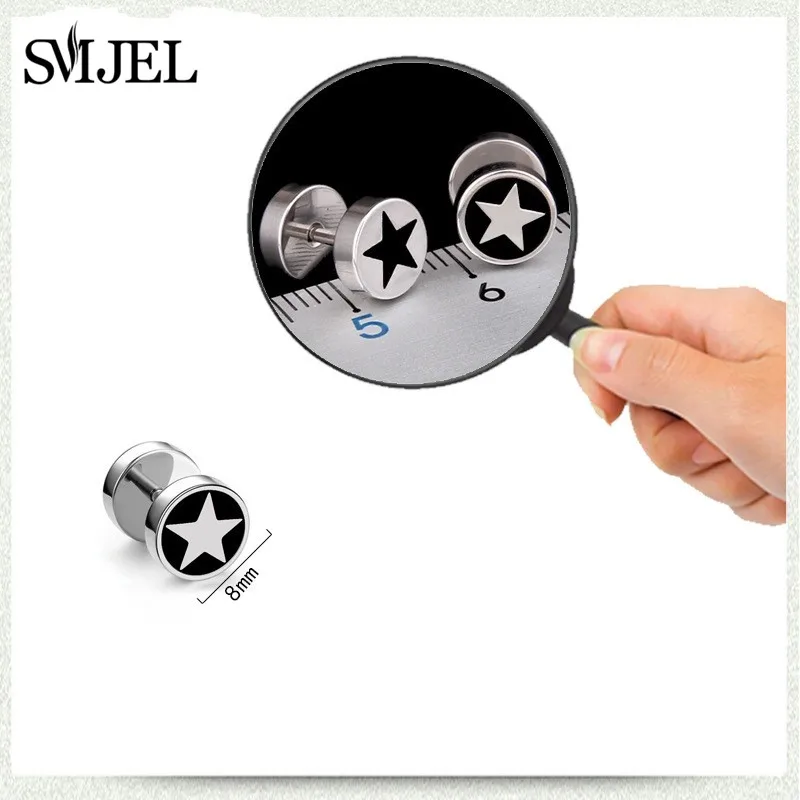 SMJEL Punk Stainless Steel Star Studs Faux Fake Ear Plugs Flesh Tunnel Gauges Tapers Stretcher Earring Piercing Jewelry images - 6