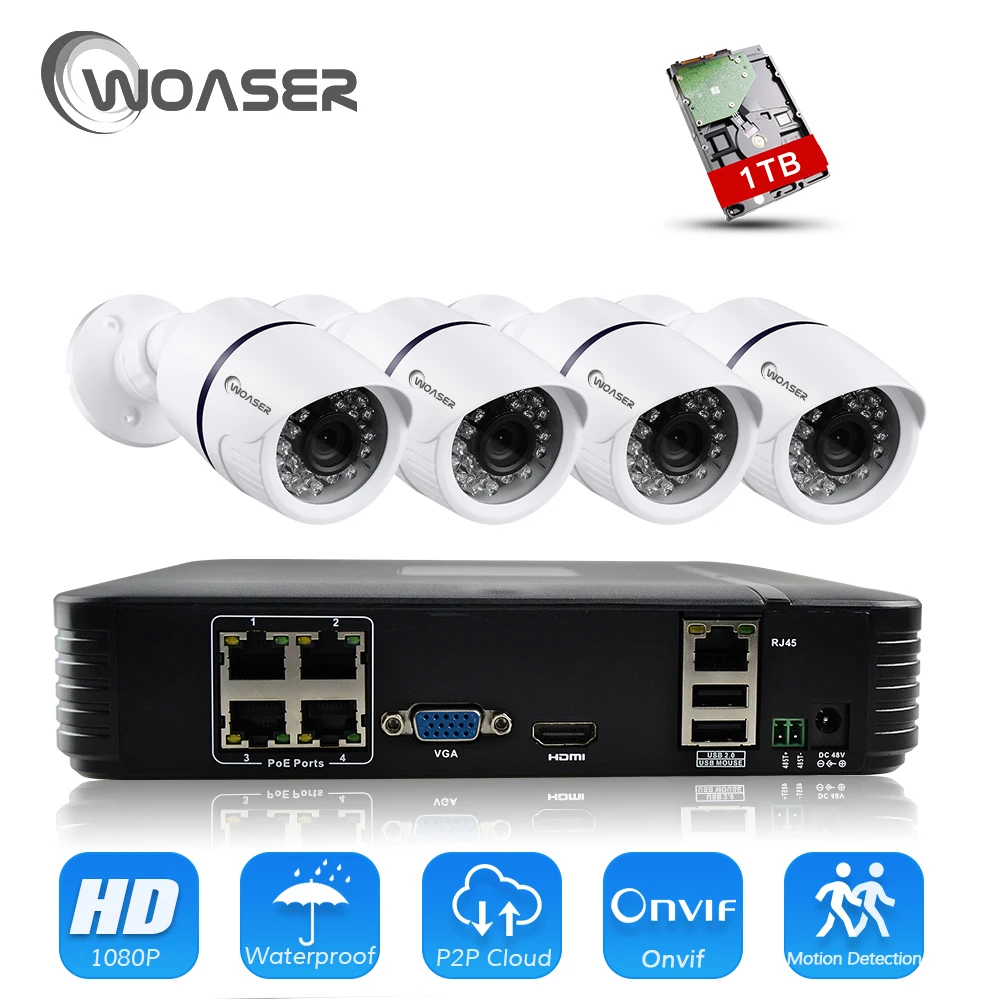 Woaser HD 48 В 1080 P HDMI P2P 4ch PoE NVR Системы Скрытого видеонаблюдения Видео Выход 2.0mp IP