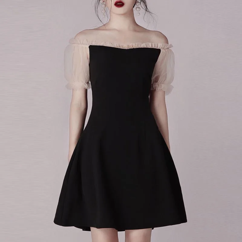 INDRESSME элегантное однотонное платье трапециевидной формы с короткими пышными рукавами, женское платье для вечеринки, сексуальное платье с оборками и вырезом лодочкой, мини женское облегающее платье - Цвет: black dress