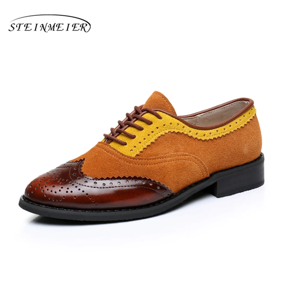 Мужские туфли-оксфорды из натуральной кожи; мужские туфли на плоской подошве ручной работы; винтажные лоферы на шнуровке в стиле ретро; коричневые Повседневные тапочки плоские туфли для мужчин - Цвет: brown orange yellow