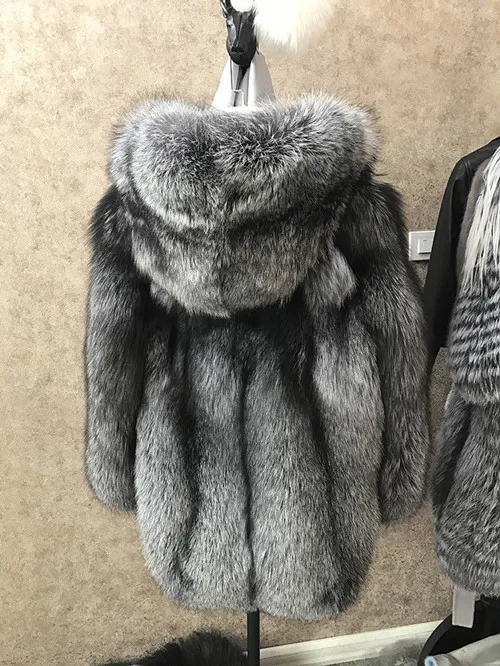 Серебристый Tatyana furclub, шуба из натурального меха высокого качества, Роскошная Шуба из натурального меха серебристой лисы с капюшоном, Толстая теплая зимняя меховая куртка, цельная кожа - Цвет: Серебристый
