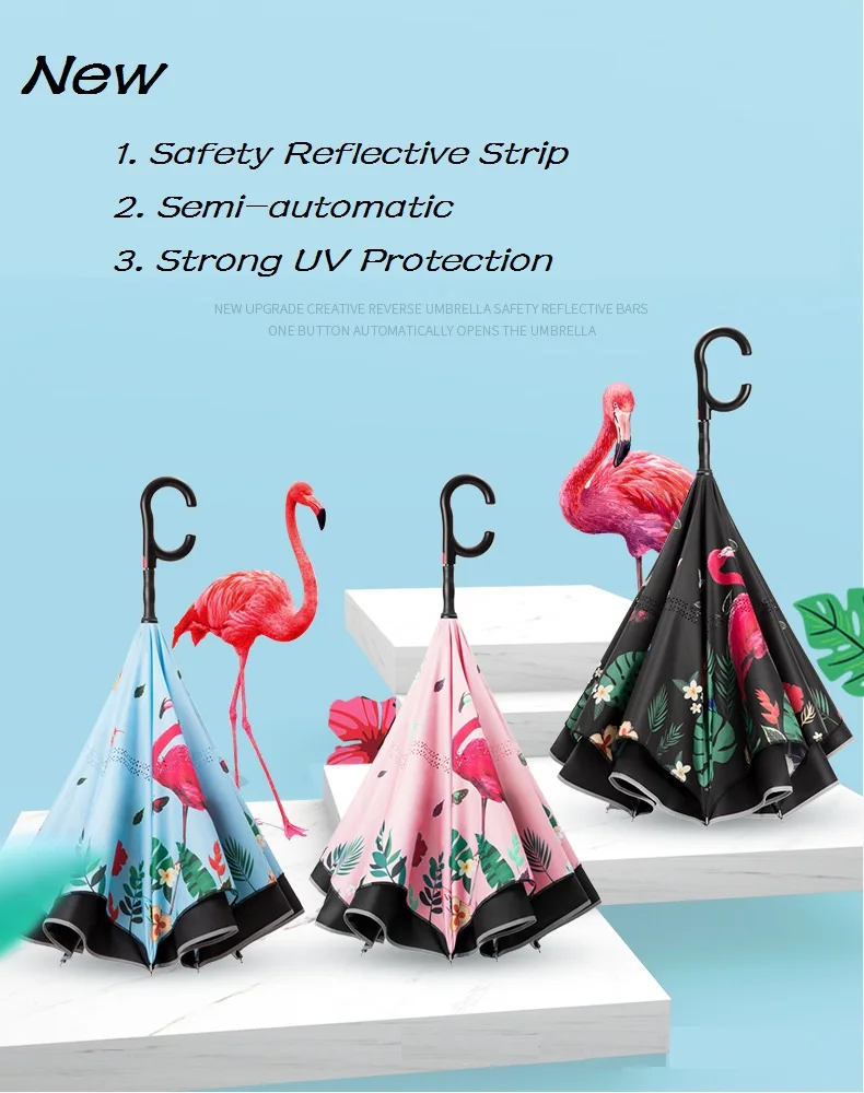 Новый складной обратный зонтик Фламинго двухслойный перевернутый C ручной
