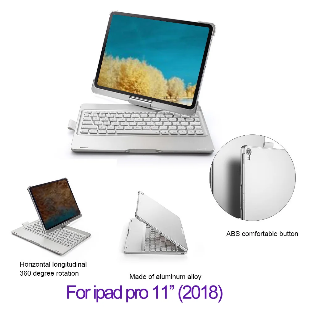 ipad pro 11 sliver Чехол для iPad Pro 11 ’’ 10.5 ‘’ 9.7 ’’ 7 Цветная подсветка 360 Rotatio Крышка беспроводной клавиатуры Bluetooth Складная беспроводная клавиатура - Цвет: ipad pro 11 sliver
