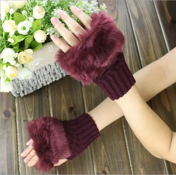 Wine red Милые модные зимние вязаные меховые без пальцев с искусственным Кроликом, вязаные перчатки для женщин, мягкие теплые варежки на запястье, G11 - Цвет: Wine red