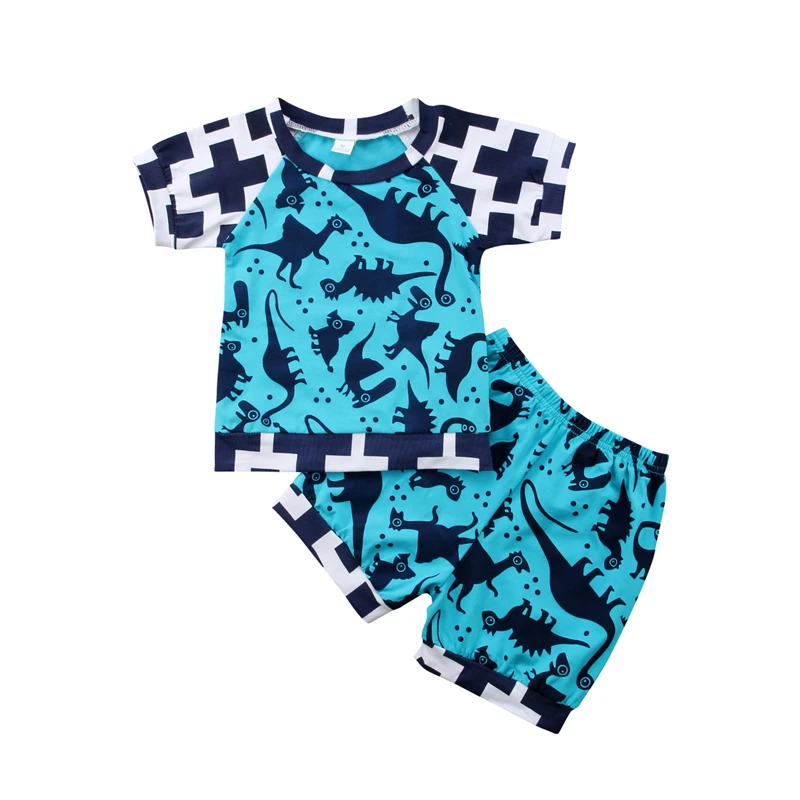 

Fashion Kids Kleding Toddler Suit Blue Cartoon Dinosaur Print Tees +Shorts 2stc Baby Boys Clothing Sets