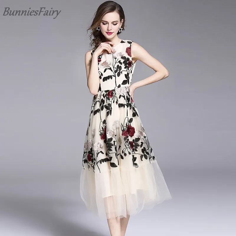 BunniesFairy 2018 новые милые платья Великолепные сетчатые Элегантные миди с цветочной