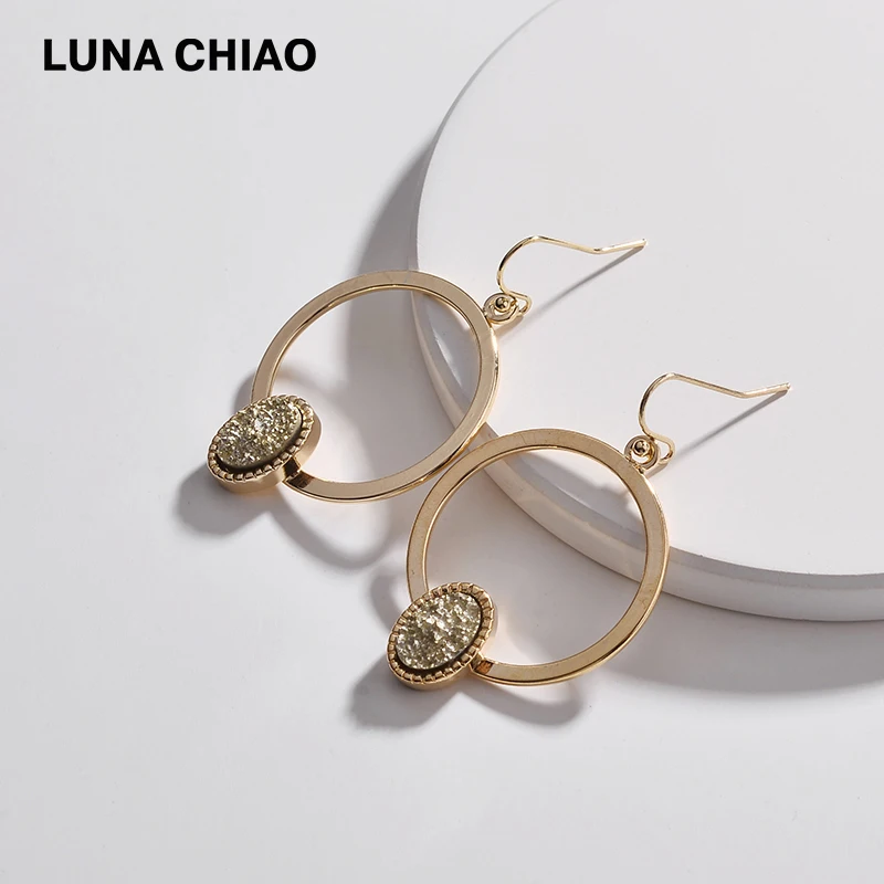 LUNA CHIAO Fashion Designer Circles Disc Drop Earrings with Metallic Resin Oval Druzy Jeweled | Украшения и аксессуары