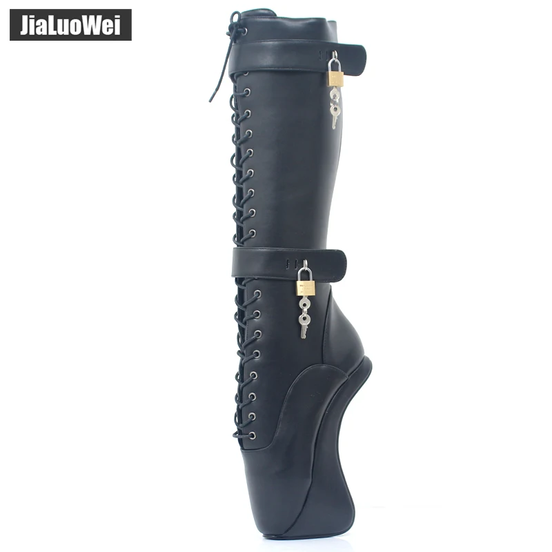 Online Jialuowei Karet Ballet Sepatu Wanita 18Cm Ultra High Kuku Sepatu Hak Dikunci Padlocks Fetish Renda Seksi Lintas Terikat Lutut-Sepatu Bot Tinggi