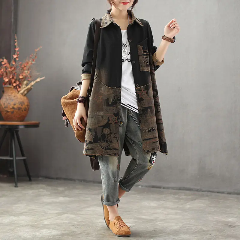 Женская винтажная рубашка с принтом Повседневная Длинная куртка длинными