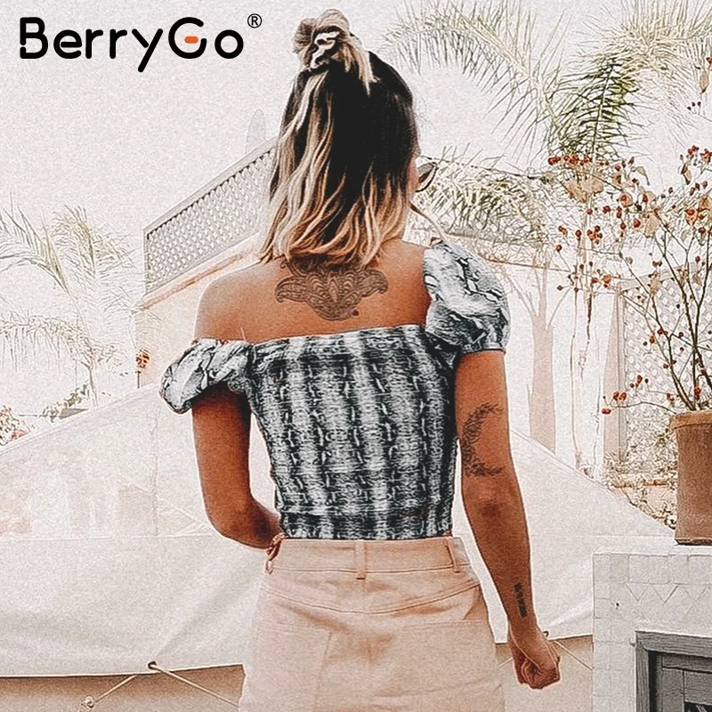 BerryGo/Винтажные Женские топы со змеиным принтом с короткими рукавами и рюшами