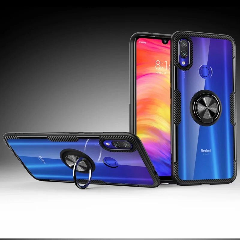 Чехол для Xiaomi Redmi Note 7 прозрачный чехол-подставка с кольцом на палец магнитный