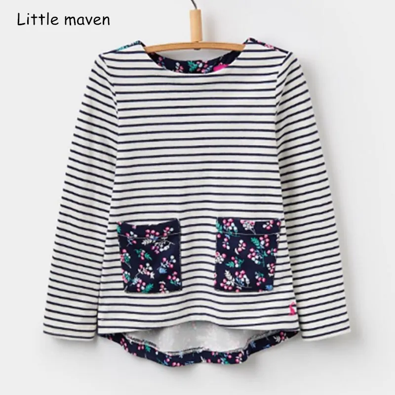 Little maven/детская брендовая одежда для маленьких девочек г., новая осенняя хлопковая футболка с длинными рукавами и карманом в полоску для девочек 51147
