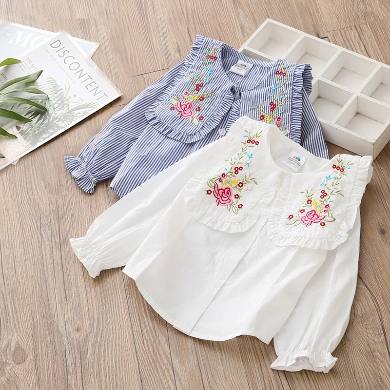 Детская хлопковая белая блузка с длинными рукавами и вышитыми цветами для