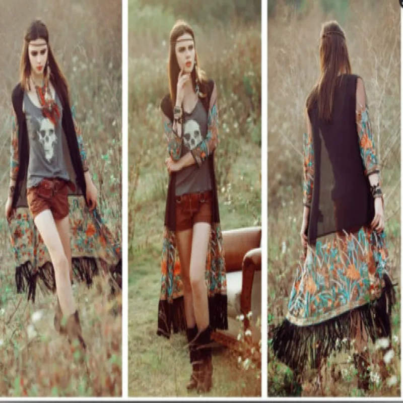Винтажная Женская пляжная Длинная накидка с цветочным принтом в стиле бохо топы