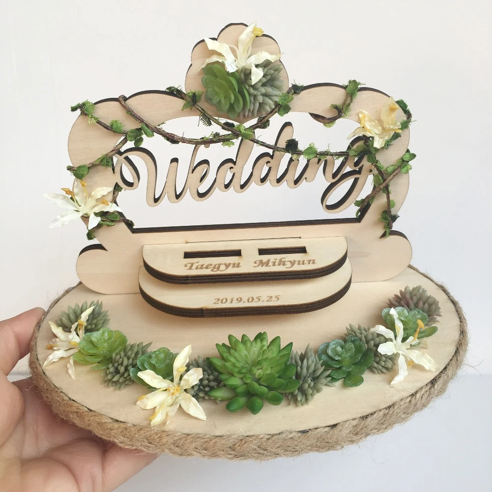 On sale custom name Anniversary Engagement rings bearer pillow wood wedding flower rustic ring box