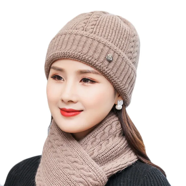 khaki hat scarf Новая зимняя женская шапка из кроличьего меха, шарф, набор для леди, теплая шерсть, вязанные плюшевые наборы шарф шапка, вязаная крючком шапка, шапки для мам, шарф, шаль, подарки - Цвет: khaki hat scarf