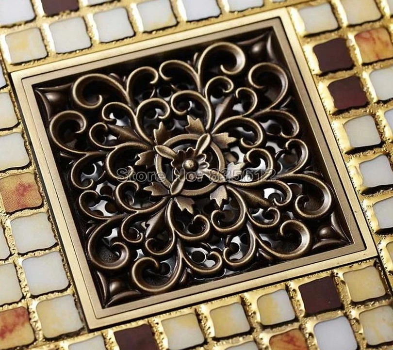 

Antique Brass Art Flower Carved Bathroom Floor Shower Drain Waste Dragons Floor Drain Whr013