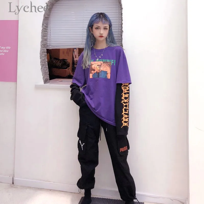 Lychee винтажный женский свитер с буквенным принтом, 2 штуки, хит цвета, круглый вырез, длинный рукав, Осенний Повседневный свободный Женский пуловер