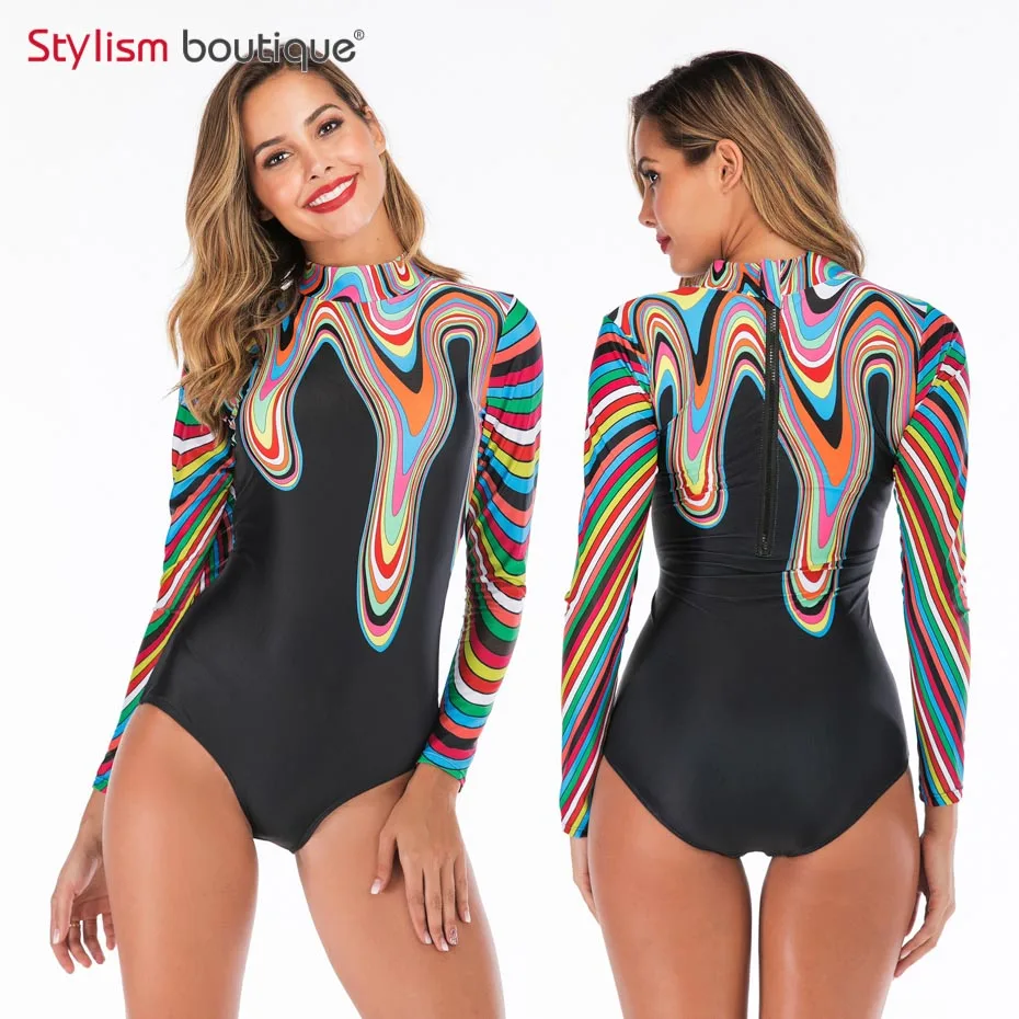 Multicolor Stripe Женский Рашгард с длинным рукавом, купальник с принтом, Рашгард, для серфинга, купальник на молнии, Цельный купальник, купальные костюмы, монокини - Цвет: Multicolor Stripe