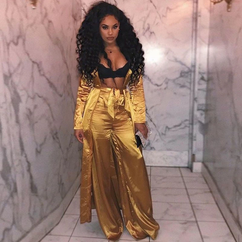 

Sexy TWO PIECE SET Women Wide Leg Pants Top Long Sleeve Cardigan Coat Cloak Belt Outfit Elegant Party Club 2 PIECE Leisure Suits