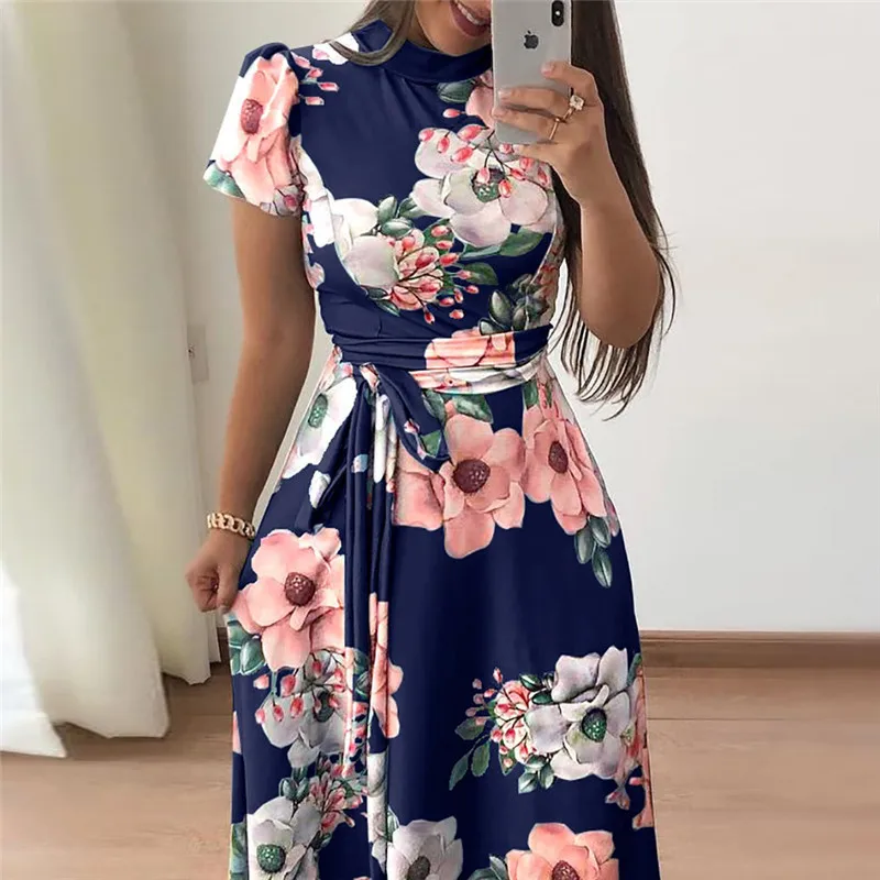 

Elegant Women Summer Dress Casual Short Sleeve Long Dress Boho Floral Print Maxi Dress Vestidos Turtleneck Bandage Dresses Belt