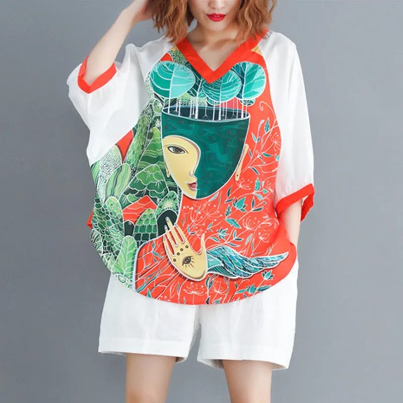 Женская футболка с рукавом летучая мышь оранжевая или белая свободная принтом в