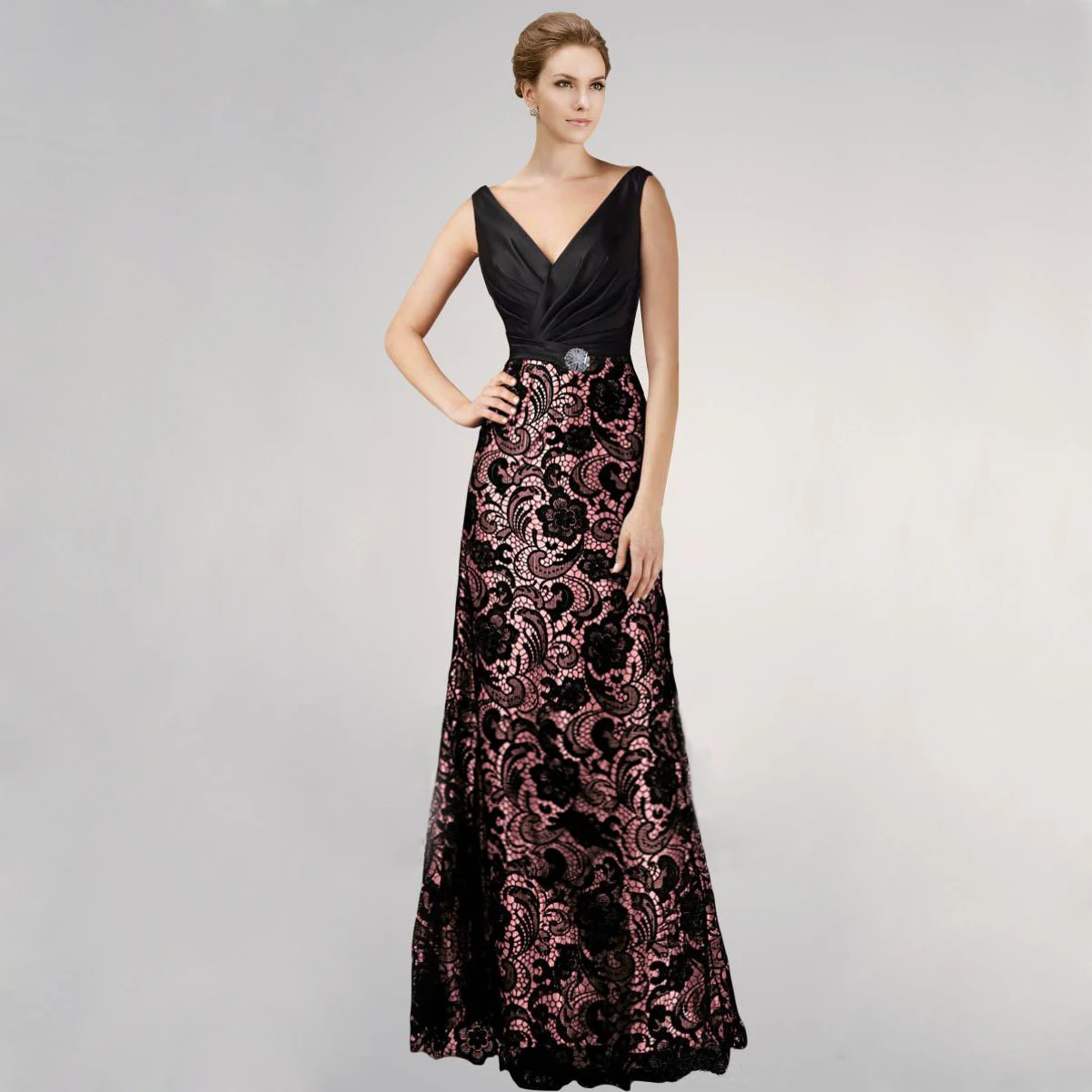 Элегантные кружевные платья а силуэта без рукавов розового и черного цвета для