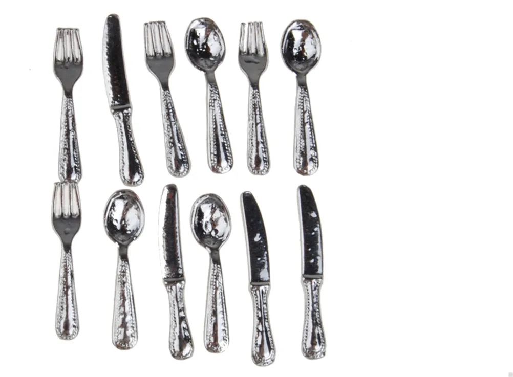 Style 2(Silver) 12 шт. 1:12, винтажный кукольный домик, миниатюрная посуда, столовые приборы, металл, золото, серебро, нож, вилка, ложка, кухня мебель для еды, игрушки - Цвет: Style 2(Silver)