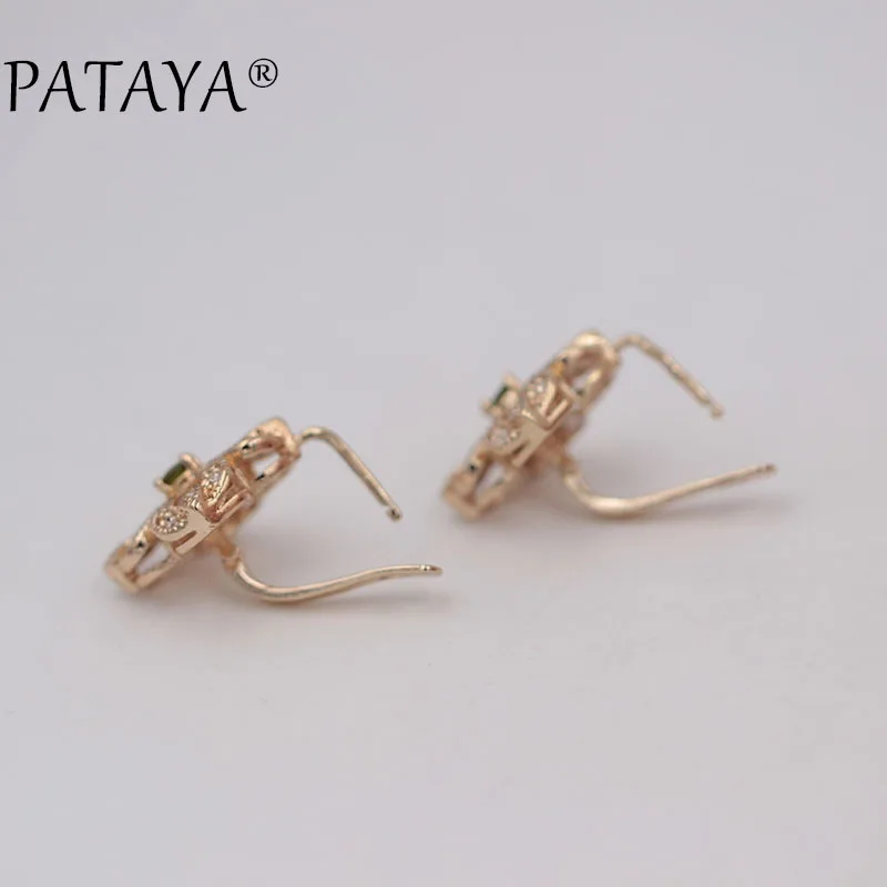 PATAYA, Ретро стиль, четыре цветка, 585, розовое золото, висячие серьги, Круглый оливковый зеленый природный Цирконий, серьги в богемном стиле, свадебные украшения