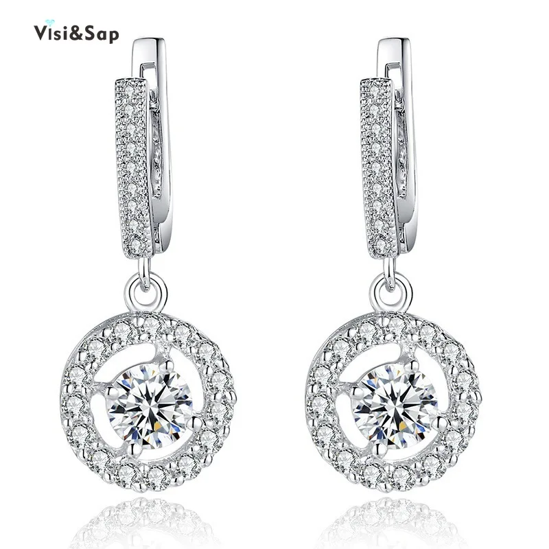

Visisap Sparkling Round Zircon Eardrops White Gold Color Earrings for Women Party Gifts Anniversary Jewelry Wholesale E001