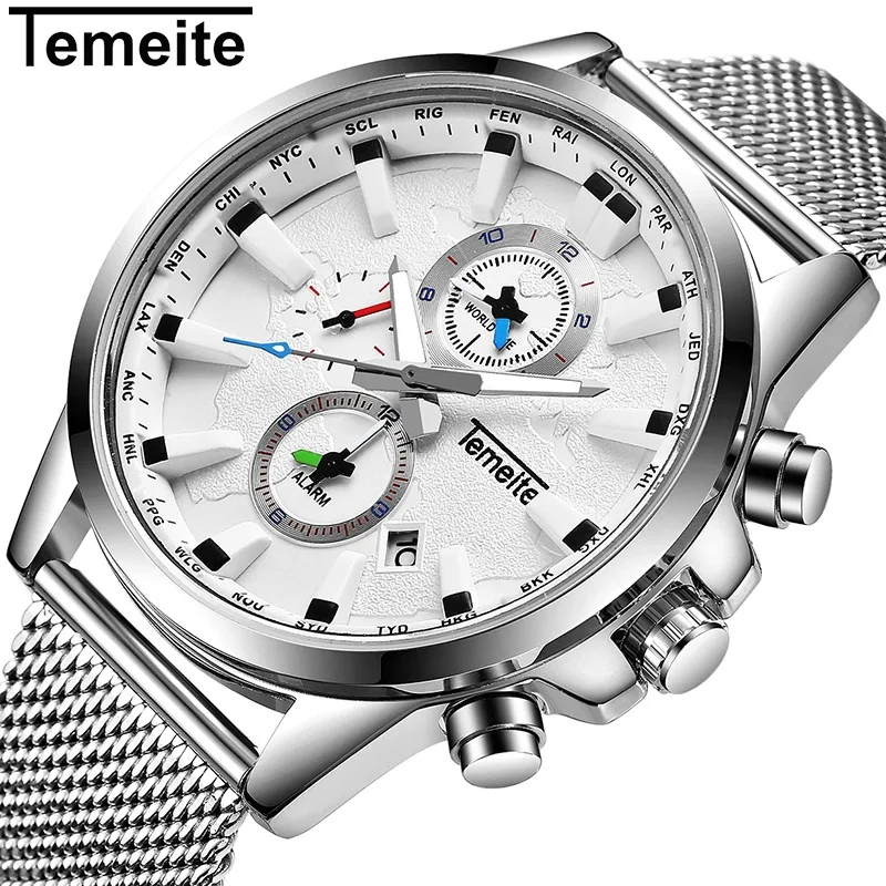 Часы TEMEITE Мужские кварцевые брендовые Роскошные спортивные водонепроницаемые
