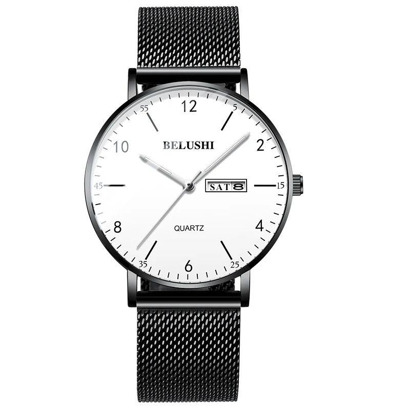 Steel Black White Мужские часы, ультра тонкие, стальные, сетчатые, кварцевые наручные часы, двойной календарь, простые, черные, мужские часы Hodinky, мужские часы, Relogio Masculino - Цвет: Steel Black White