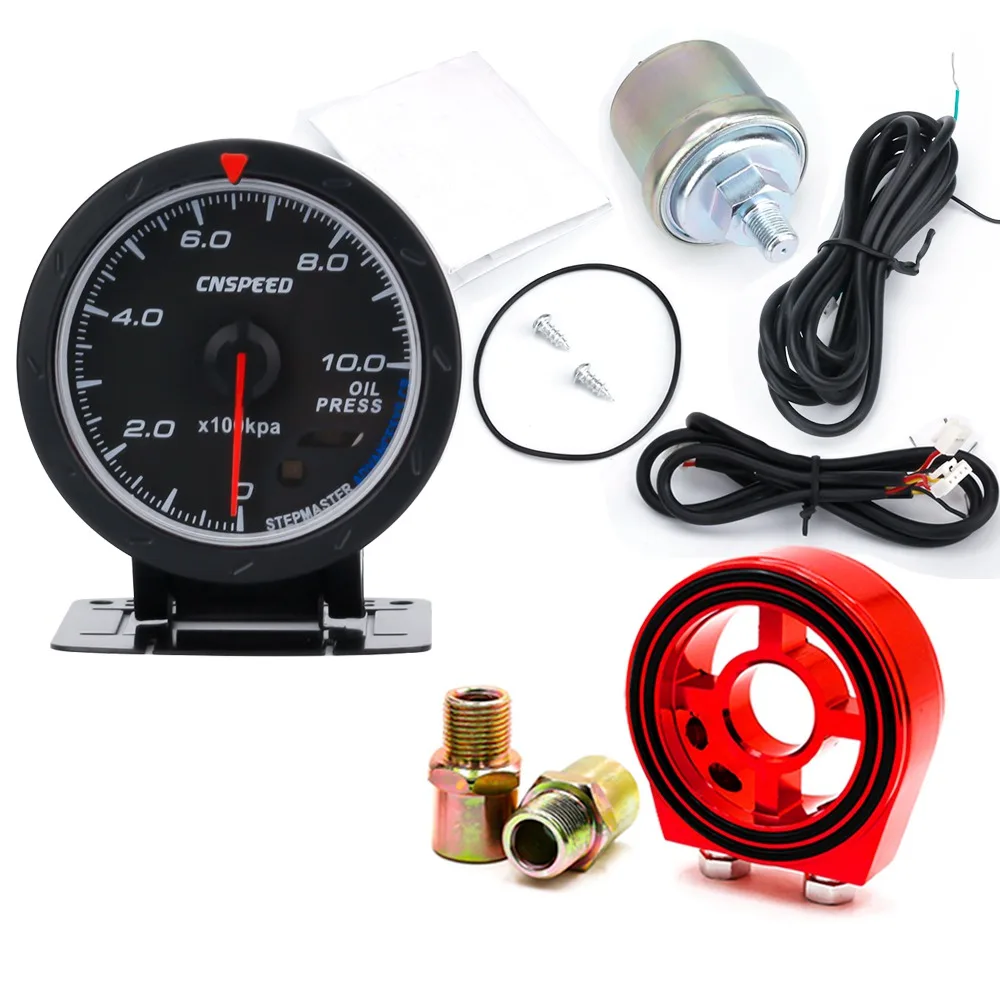 red Adapter CNSPEED 60 мм Автомобильный 12 В Масляный Пресс ure Gauge 0-10 бар Масляный Пресс-метр с датчиком красный и белый светильник с масляным фильтром сэндвич-адаптер - Цвет: red Adapter