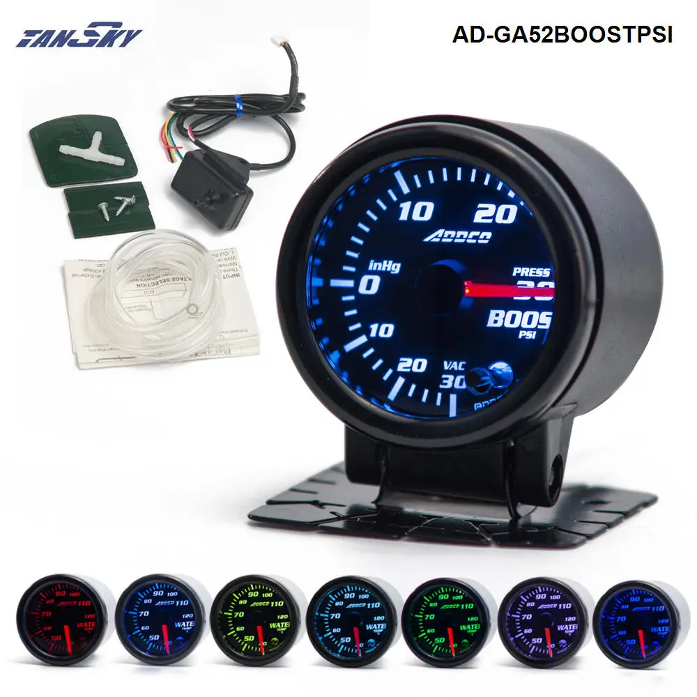 BOOST PSI Gauge 52 мм 7 цветов светодиодный Тахометр для автомобиля, датчик турбо-наддува/соотношения воздушного топлива/Вольт/температура воды/W Держатель датчика AD-GAUGE52 - Цвет: BOOST PSI Gauge