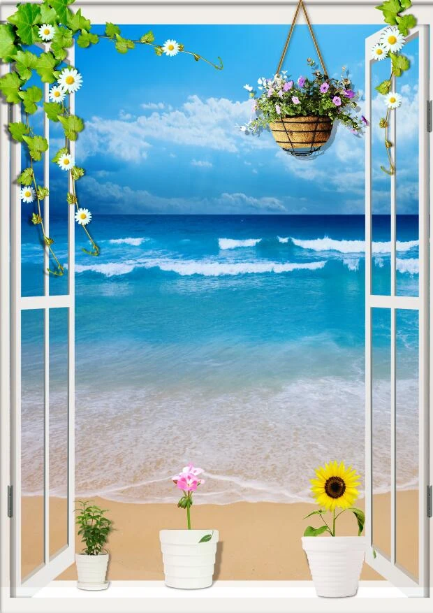 

Custom 3d mural 3D Palm Beach mural bedroom restaurant hotel KTV TV sofa bar cafe background False window wallpaper mural
