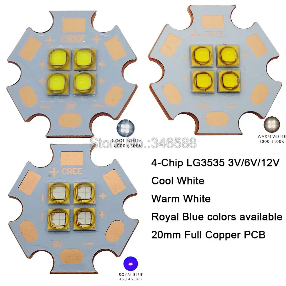 

3V / 6V / 12V 4 Chip LG3535 4Chips 4-18W High Power LED Emitter Cool White Warm White 450nm instead of MKR XHP50 20mm Copper PCB