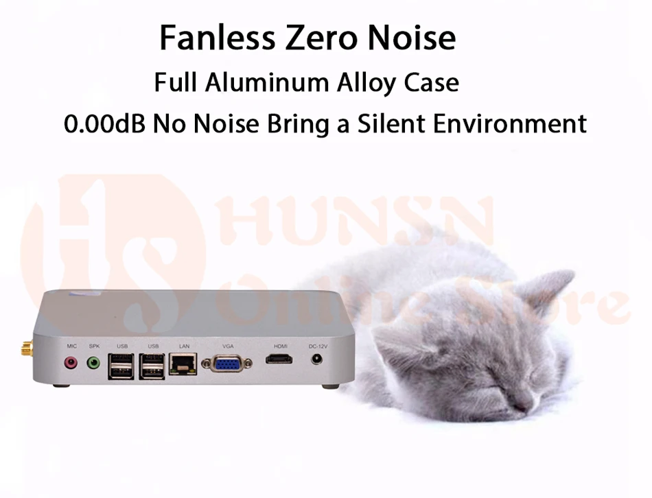 Fanless Mini PC,Intel Celeron 1007U,Windows 10/Ubuntu,Silver,[HUNSN BM08L],(WiFi/VGA/1HDMI/6USB2.0/1LAN/1,2COM Optional