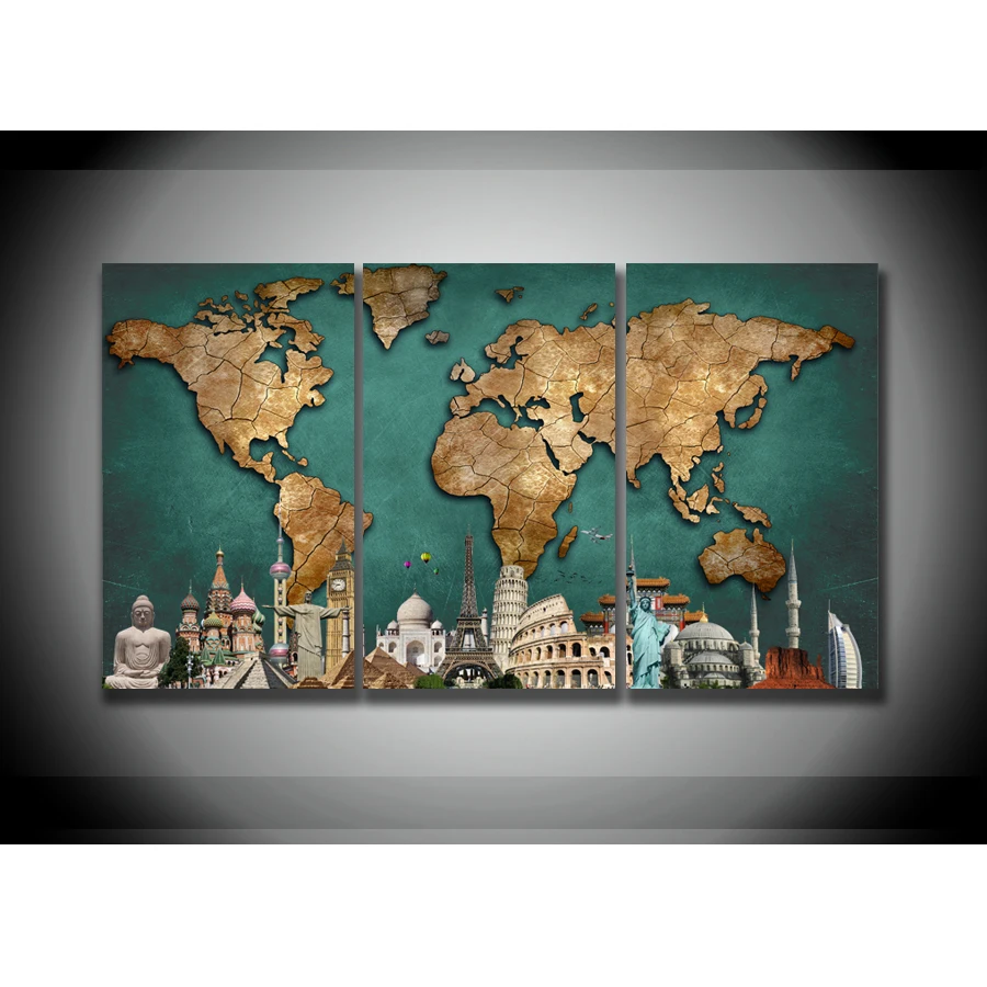 3 Панели HD карта мира памятники Настенная картина украшение для дома гостиная