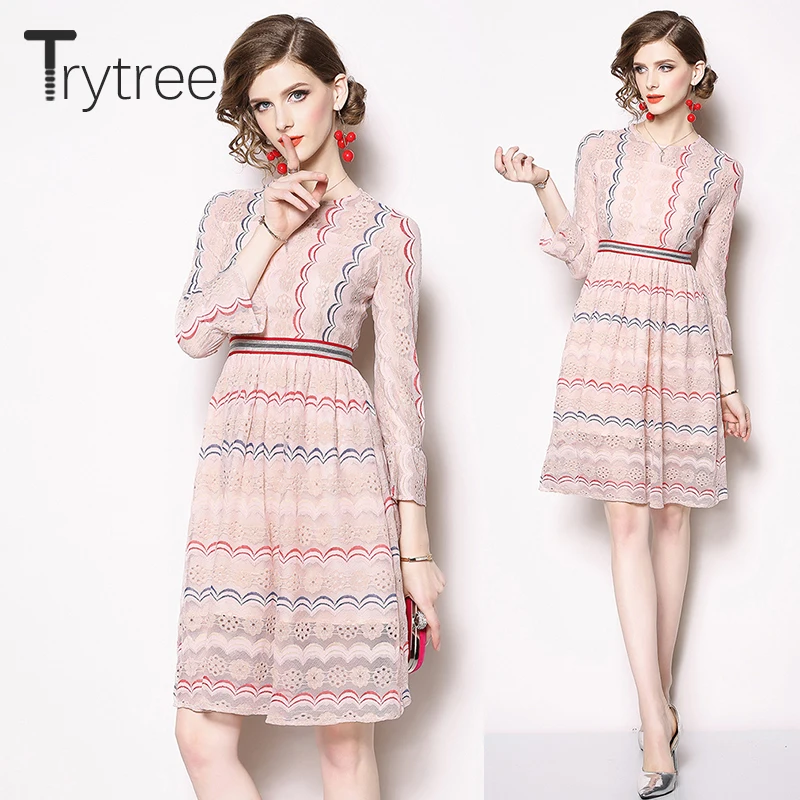 Женское кружевное платье в полоску Trytree повседневное розовое трапециевидной