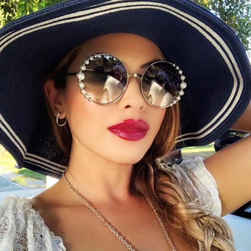 

HBK Round Pearl Sunglasses Modis Oculos De Sol feminino 2019 Luxury Vintage Women Brand Designer Sun Glasses Gradient UV400