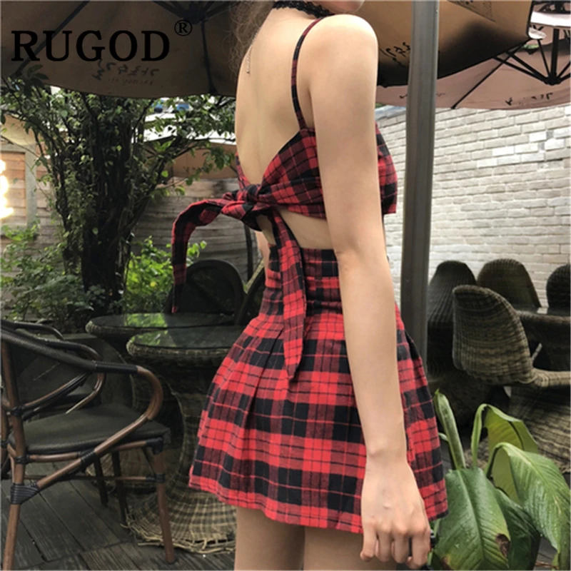 Женский комплект с юбкой RUGOD из 2 предметов в клетку топ на шнуровке большим