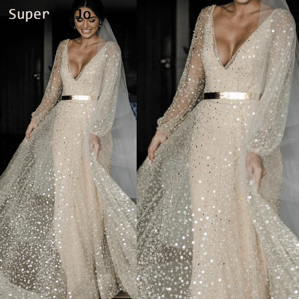 SuperKimJo Vestido De Noiva с глубоким v-образным вырезом Роскошные свадебные платья с длинным рукавом расшитые блестками цвета шампанского свадебное платье бохо