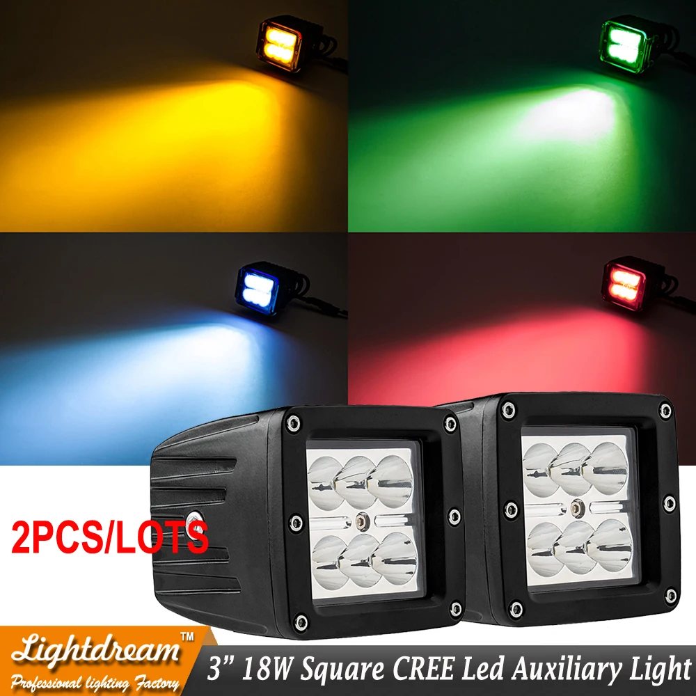 

3inch Square 18W Flood Spot beam LED Work Light Car Truck Boat Driving Fog SUV 4WD Tractor lamps Red Blue Green white light x2pc