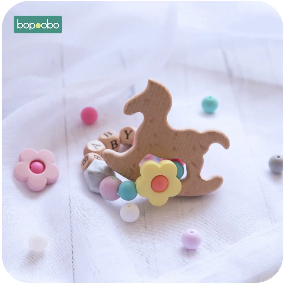 Bopoobo 1 шт. Beech Animal браслет для прорезывающихся зубов персонализированные Индивидуальные Детские имя силиконовые в форме цветка деревянные погремушки милые игрушки "Кролик" кольцо