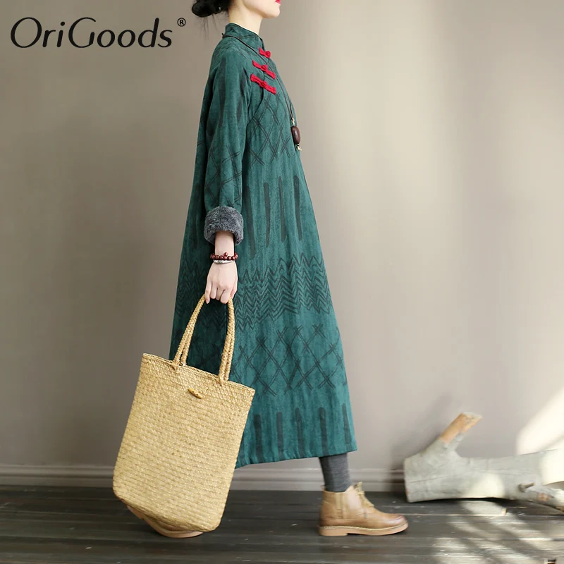 Оригинальное зимнее платье в китайском стиле женское хлопковое плотное теплое